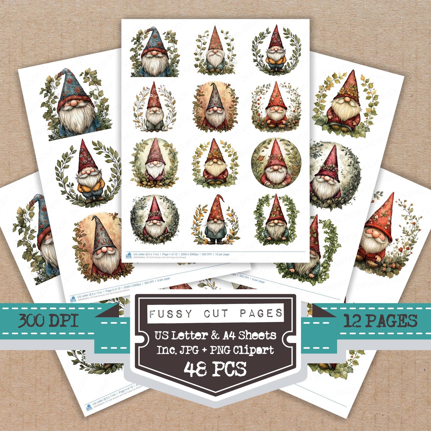 Folk Gnome with Hat fussy cut printable sheets for junk journaling, scrapbooking, and paper craft projects