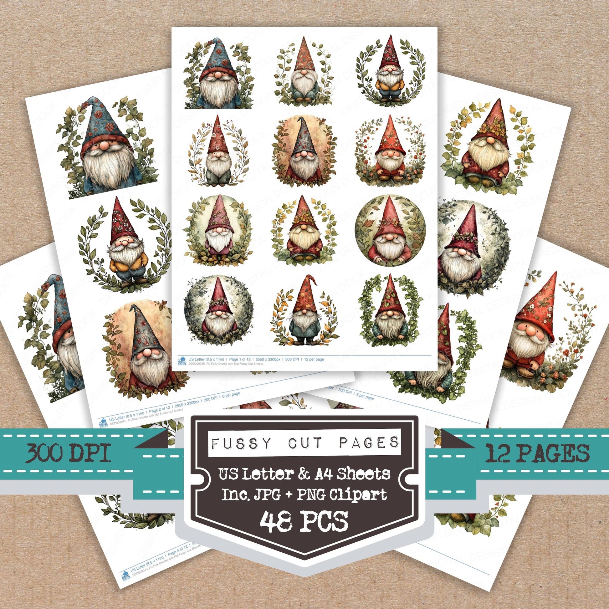 Folk Gnome with Hat fussy cut printable sheets for junk journaling, scrapbooking, and paper craft projects