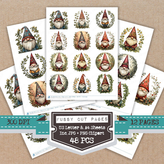 Folk Gnome with Hat fussy cut printable sheets for junk journaling, scrapbooking, and paper craft projects