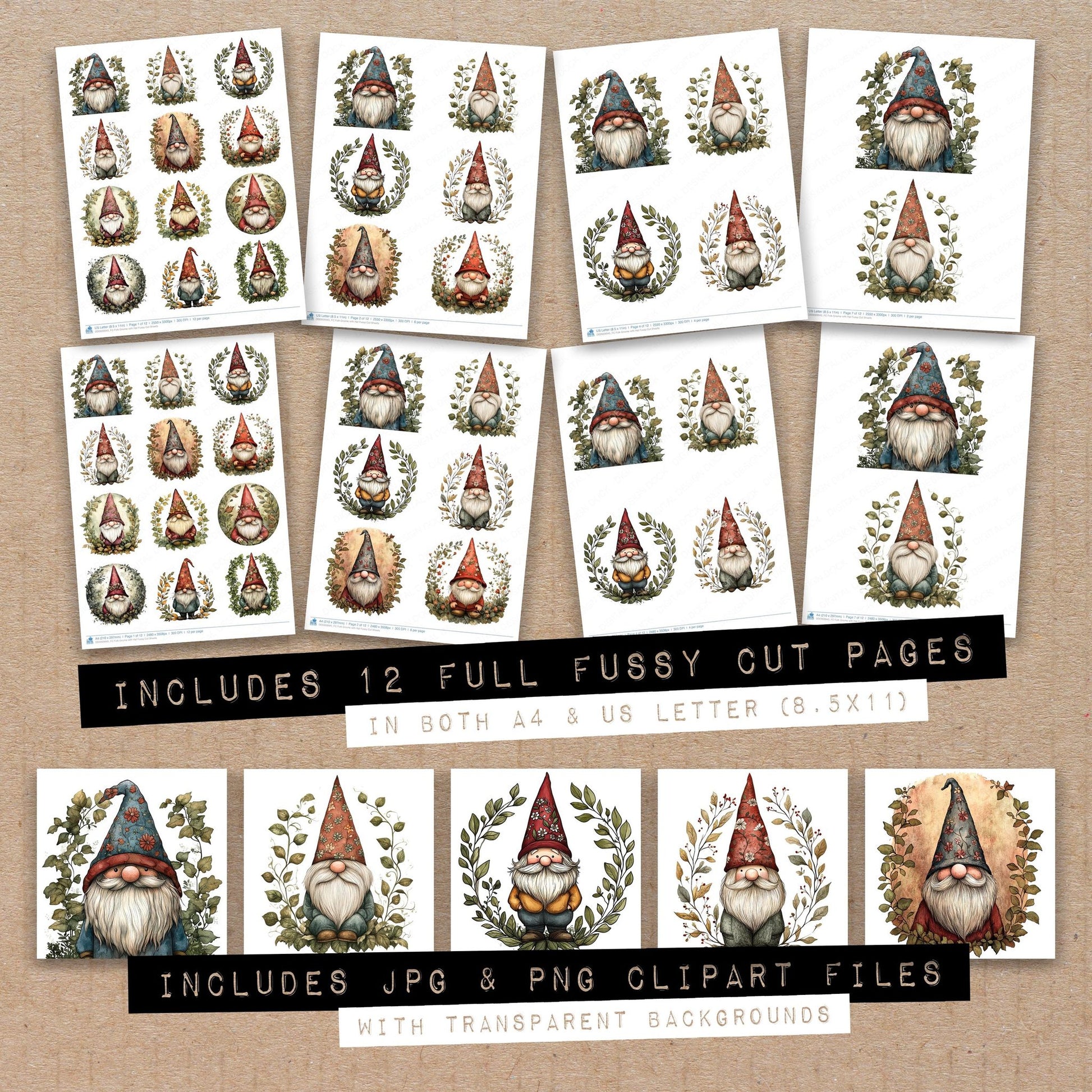 Full collection view of Folk Gnome with Hat fussy cut sheets with bonus clipart JPG and PNG files