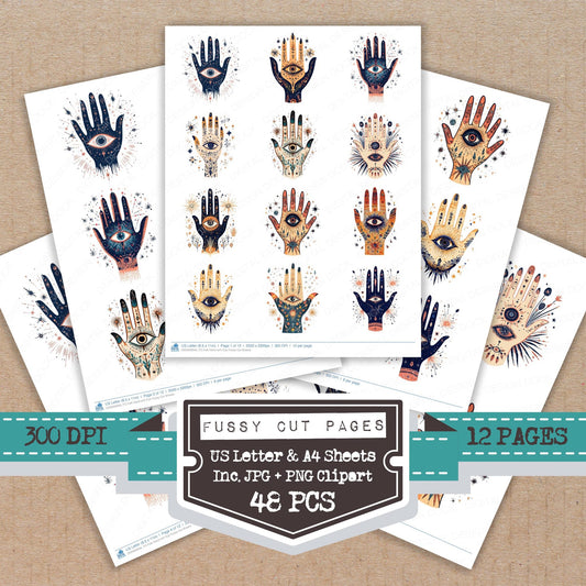 Folk Hand with Eye fussy cut printable sheets for junk journaling, scrapbooking, and paper craft projects