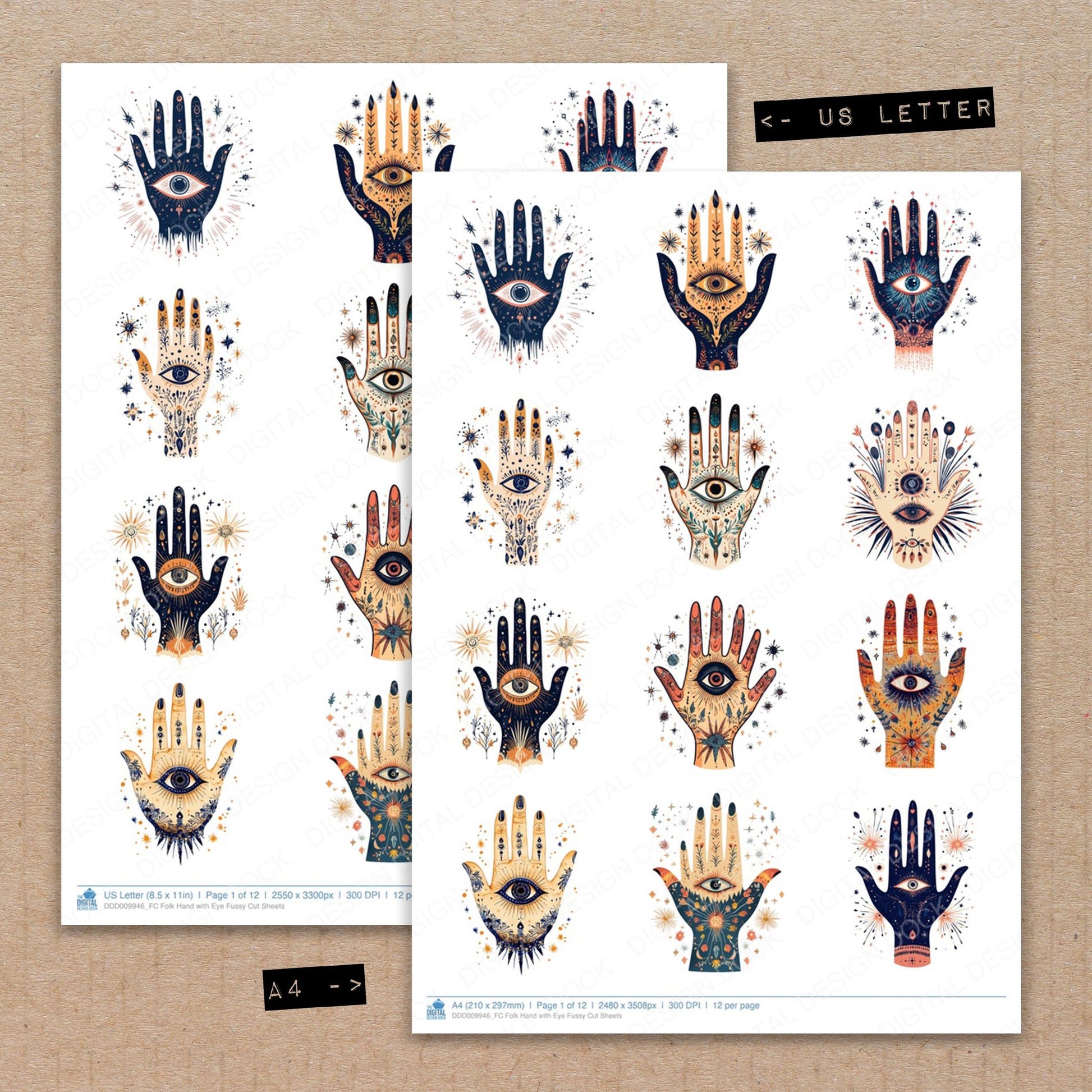 A4 and US Letter format comparison showing Folk Hand with Eye fussy cut pages for print and cut crafting