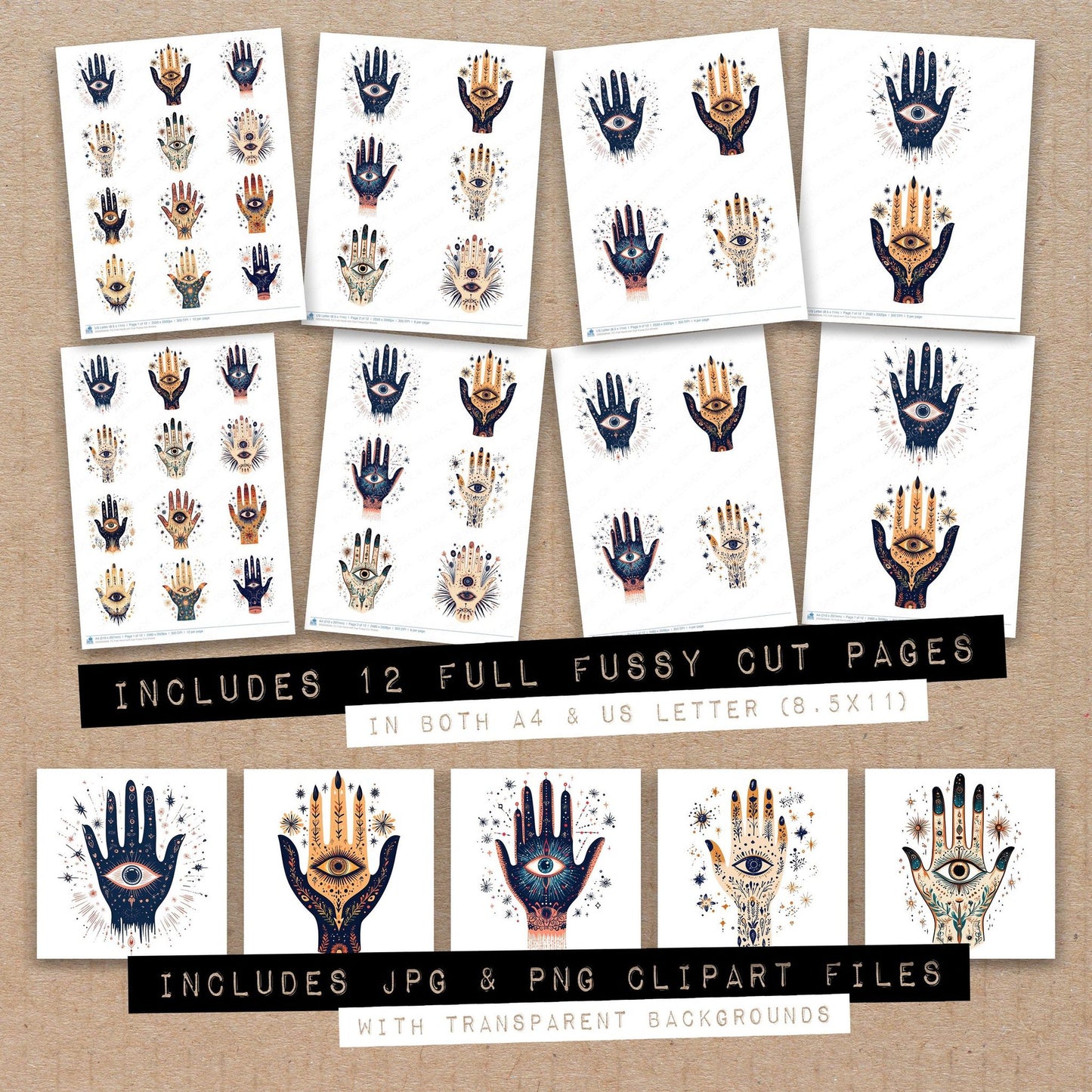 Full collection view of Folk Hand with Eye fussy cut sheets with bonus clipart JPG and PNG files