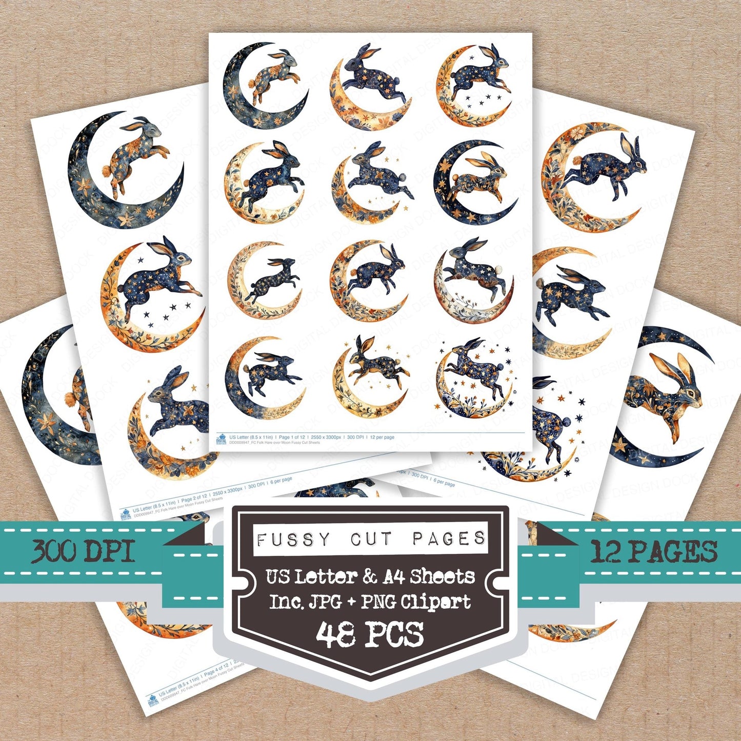 Folk Hare over Moon Fussy Cut Sheets (DDD009947)