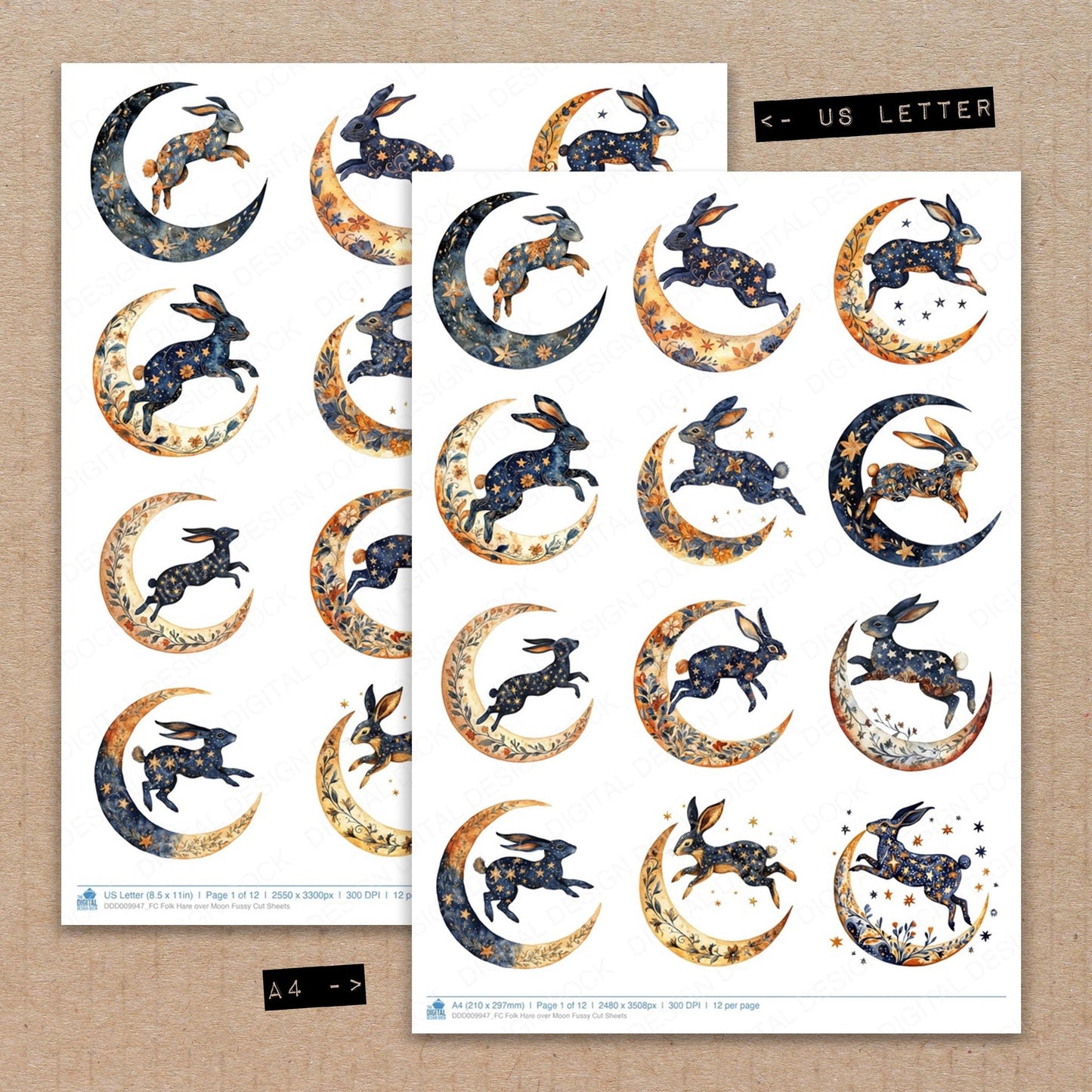Folk Hare over Moon Fussy Cut Sheets (DDD009947)