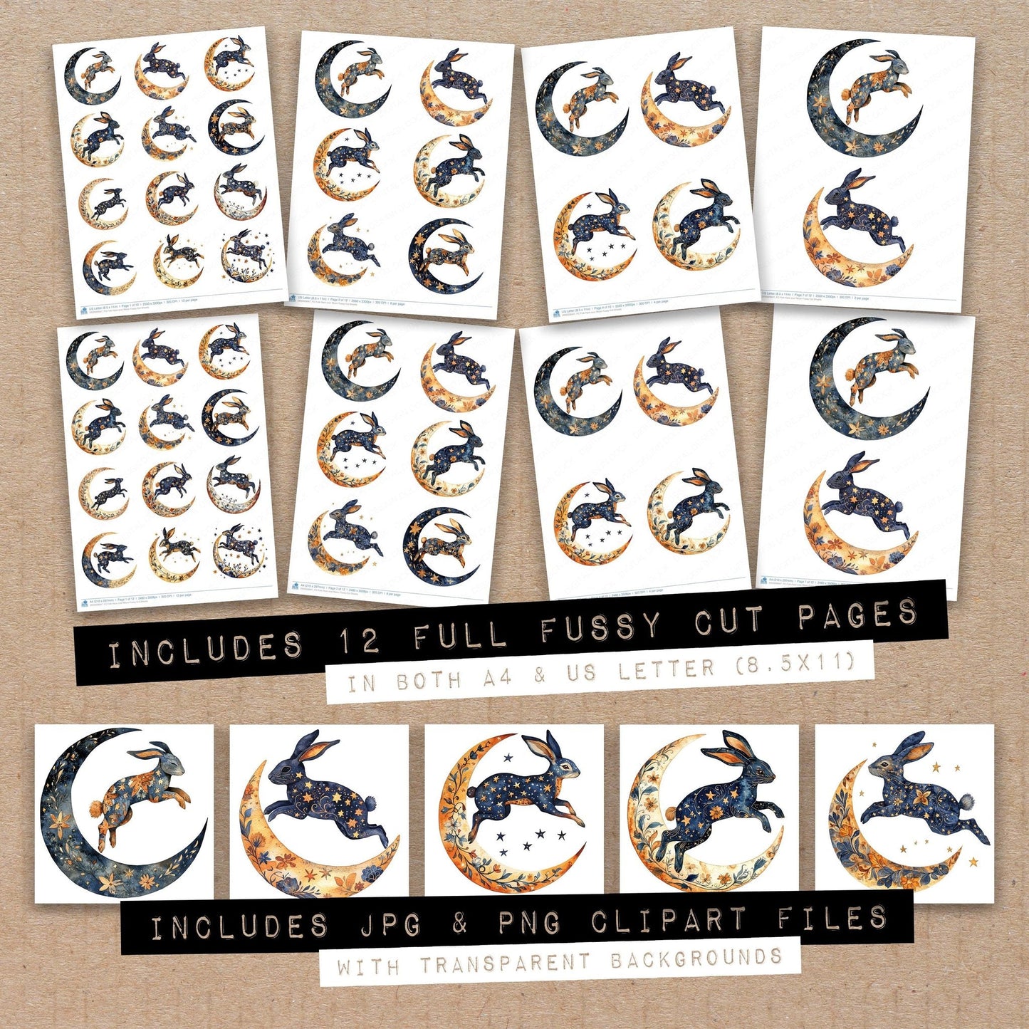Folk Hare over Moon Fussy Cut Sheets (DDD009947)