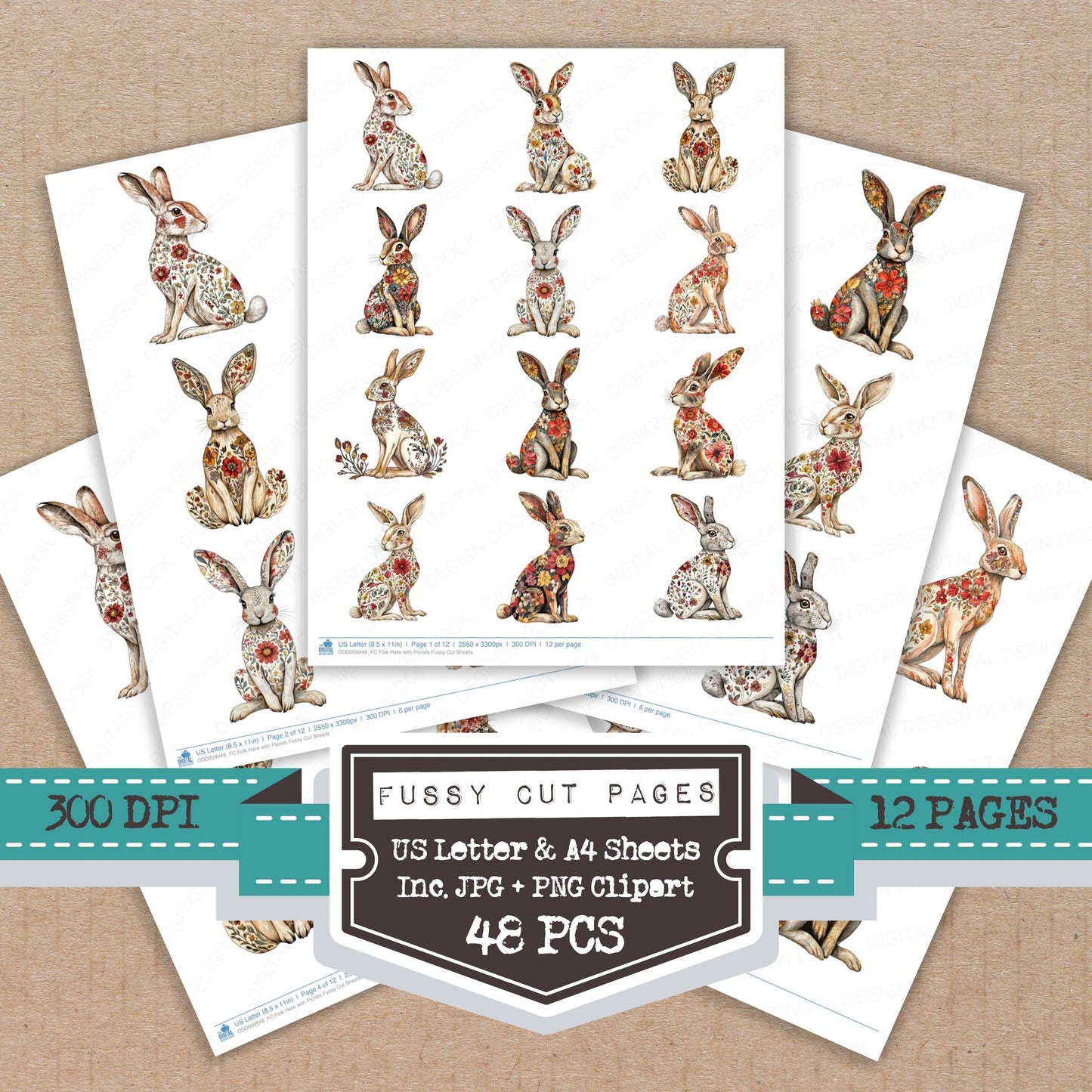 Folk Hare with Florals fussy cut printable sheets for junk journaling, scrapbooking, and paper craft projects