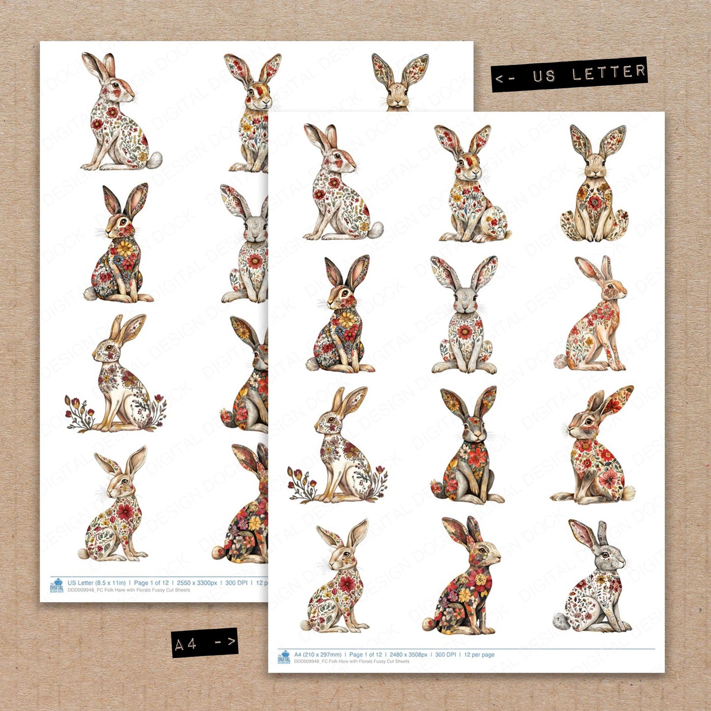 A4 and US Letter format comparison showing Folk Hare with Florals fussy cut pages for print and cut crafting