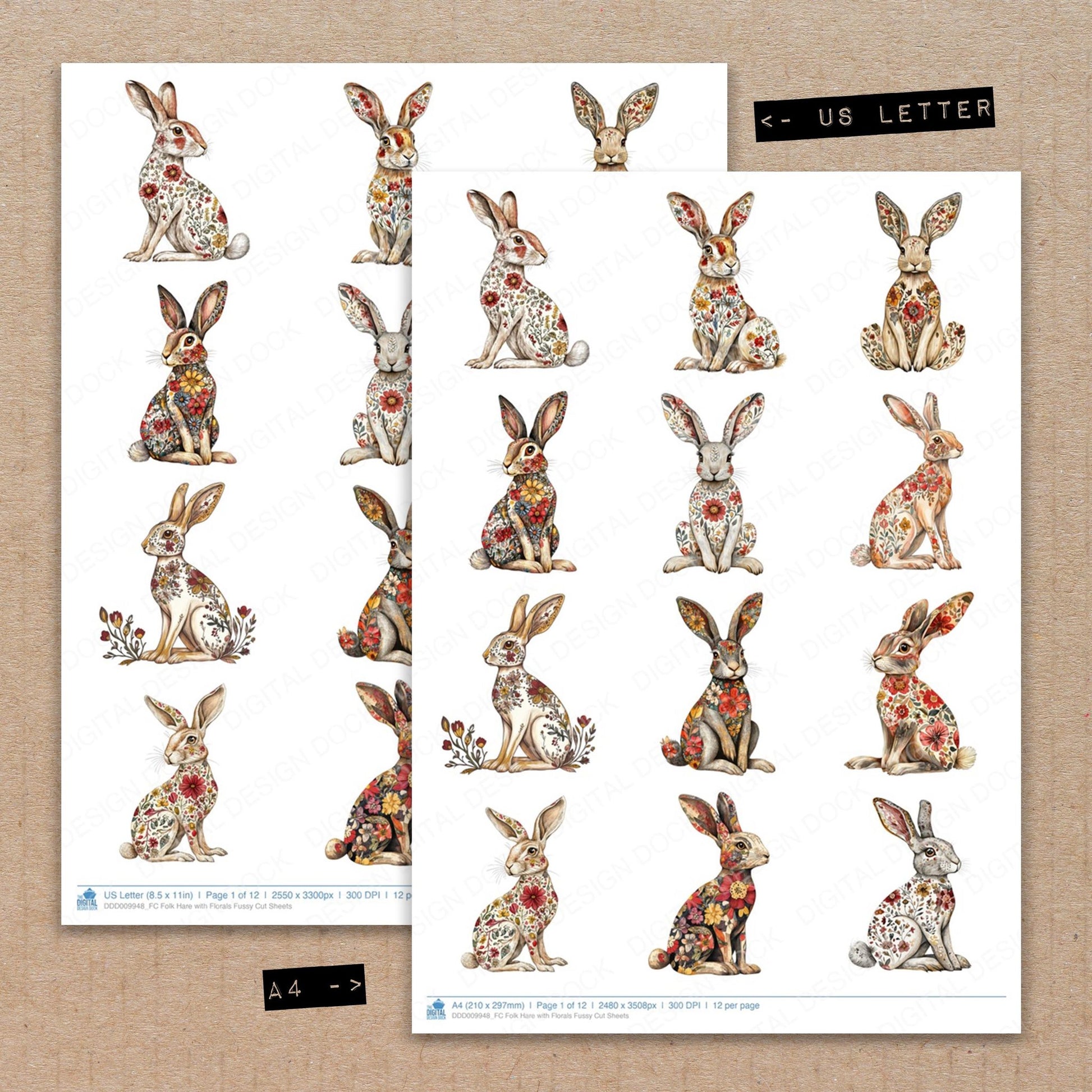 A4 and US Letter format comparison showing Folk Hare with Florals fussy cut pages for print and cut crafting