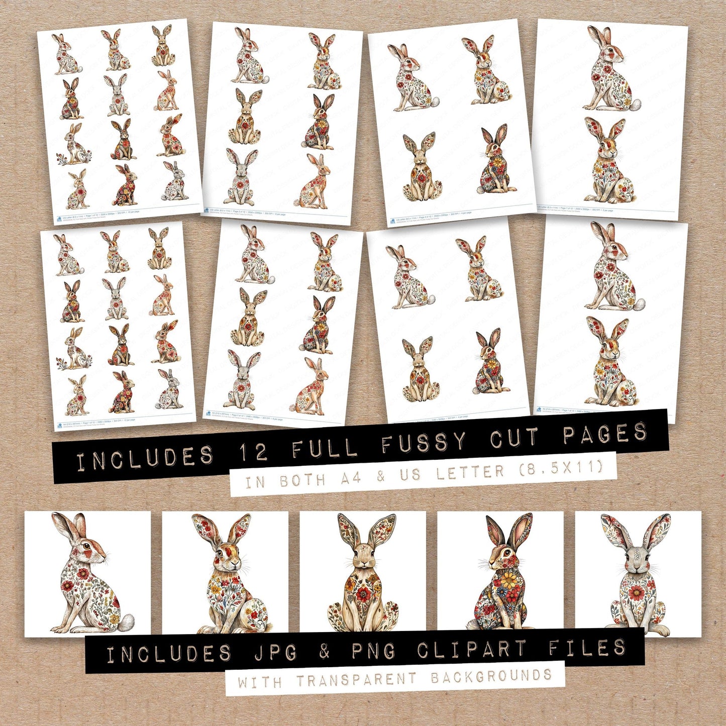 Full collection view of Folk Hare with Florals fussy cut sheets with bonus clipart JPG and PNG files
