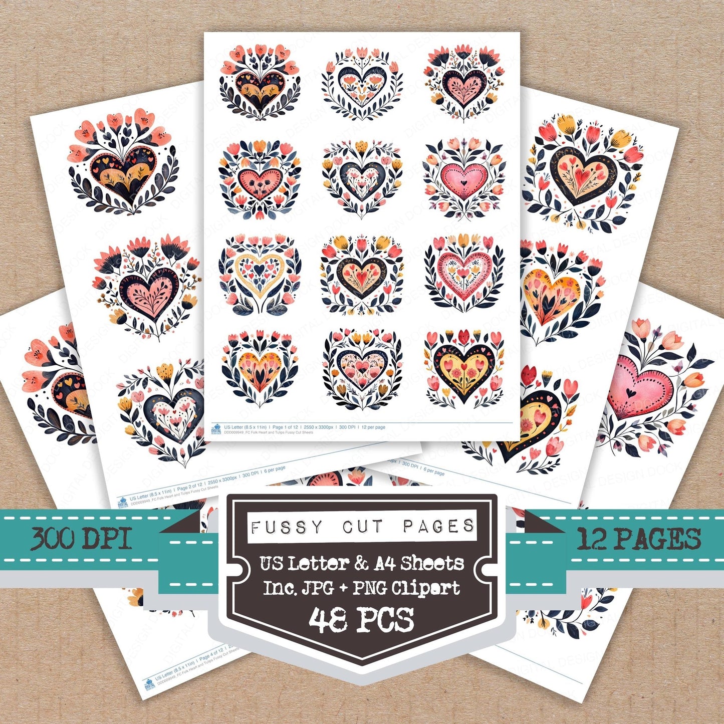 Folk Heart and Tulips Fussy Cut Sheets (DDD009949)