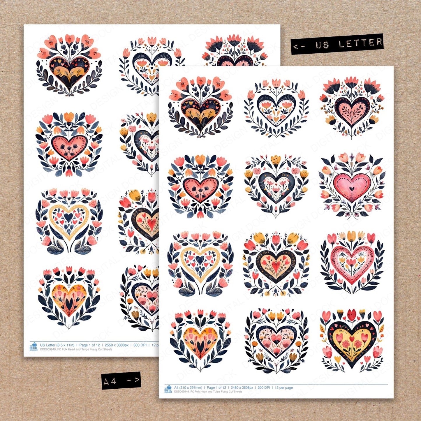 Folk Heart and Tulips Fussy Cut Sheets (DDD009949)