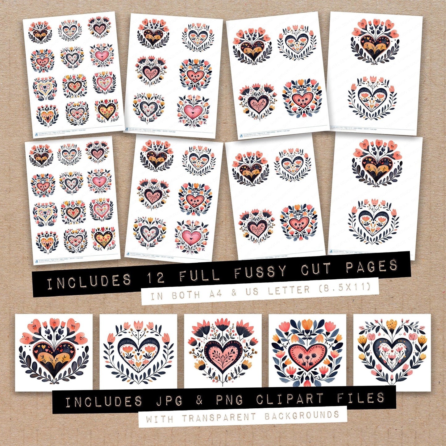 Folk Heart and Tulips Fussy Cut Sheets (DDD009949)
