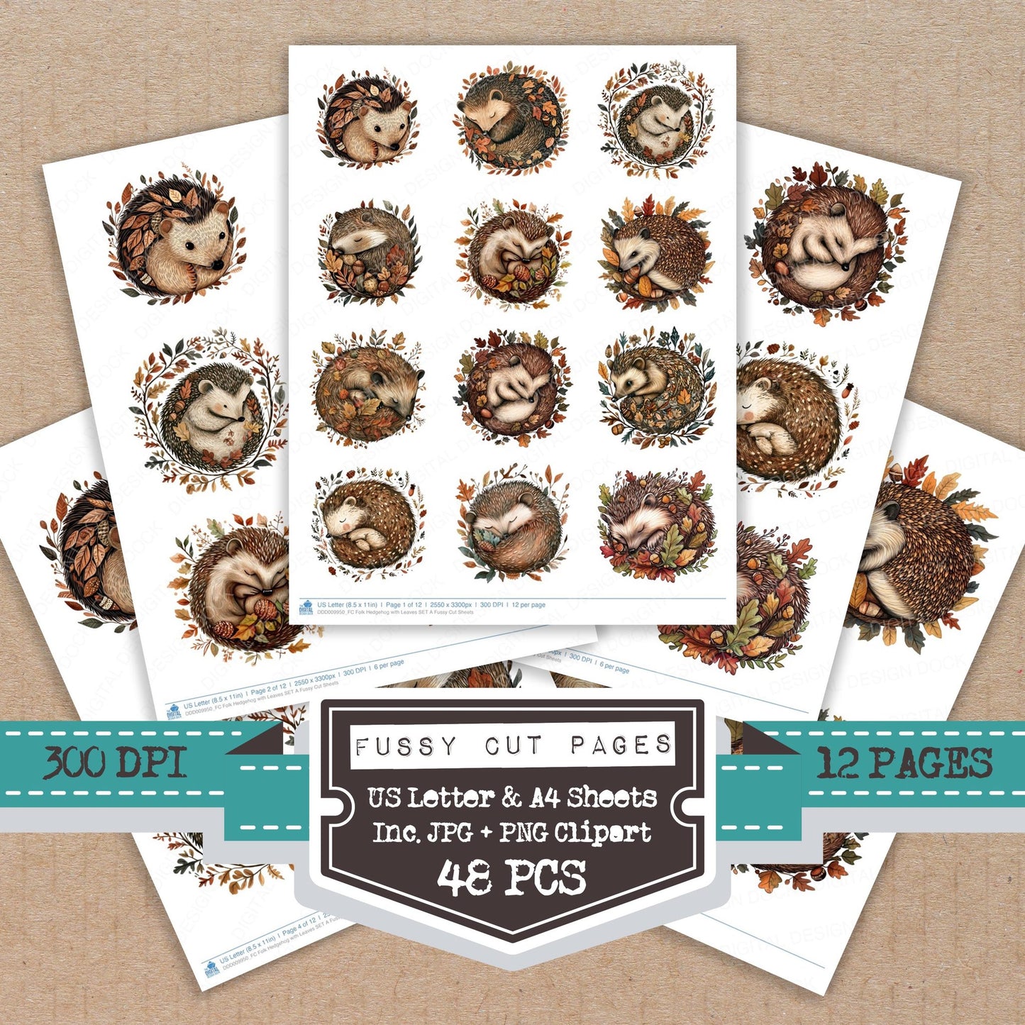 Folk Hedgehog with Leaves A fussy cut printable sheets for junk journaling, scrapbooking, and paper craft projects