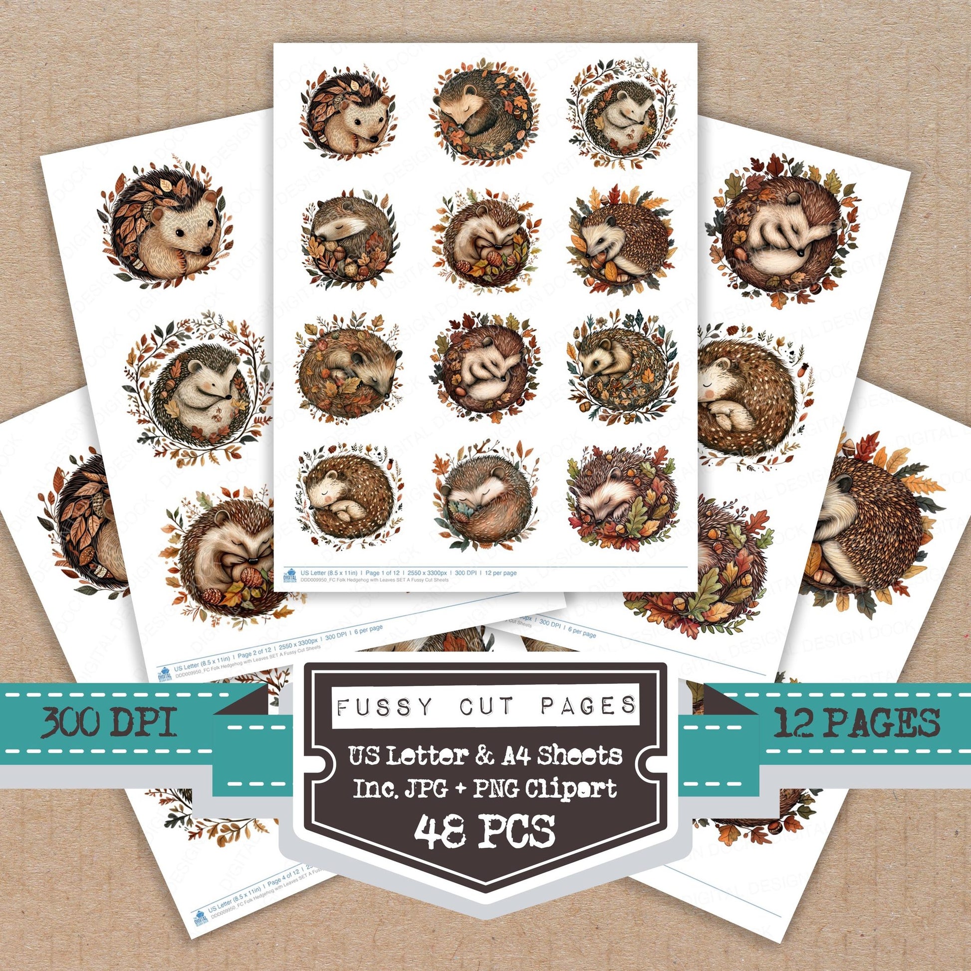 Folk Hedgehog with Leaves A fussy cut printable sheets for junk journaling, scrapbooking, and paper craft projects