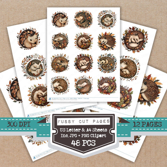 Folk Hedgehog with Leaves A fussy cut printable sheets for junk journaling, scrapbooking, and paper craft projects