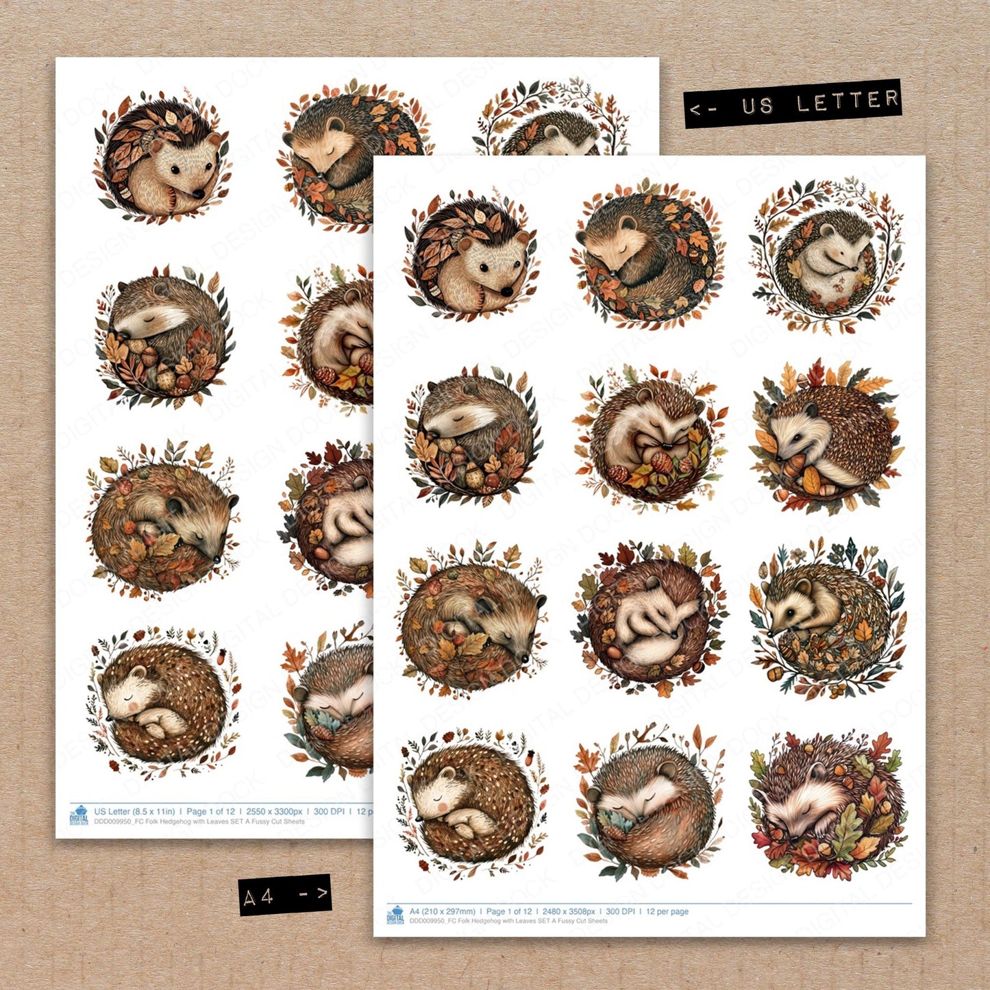 A4 and US Letter format comparison showing Folk Hedgehog with Leaves A fussy cut pages for print and cut crafting