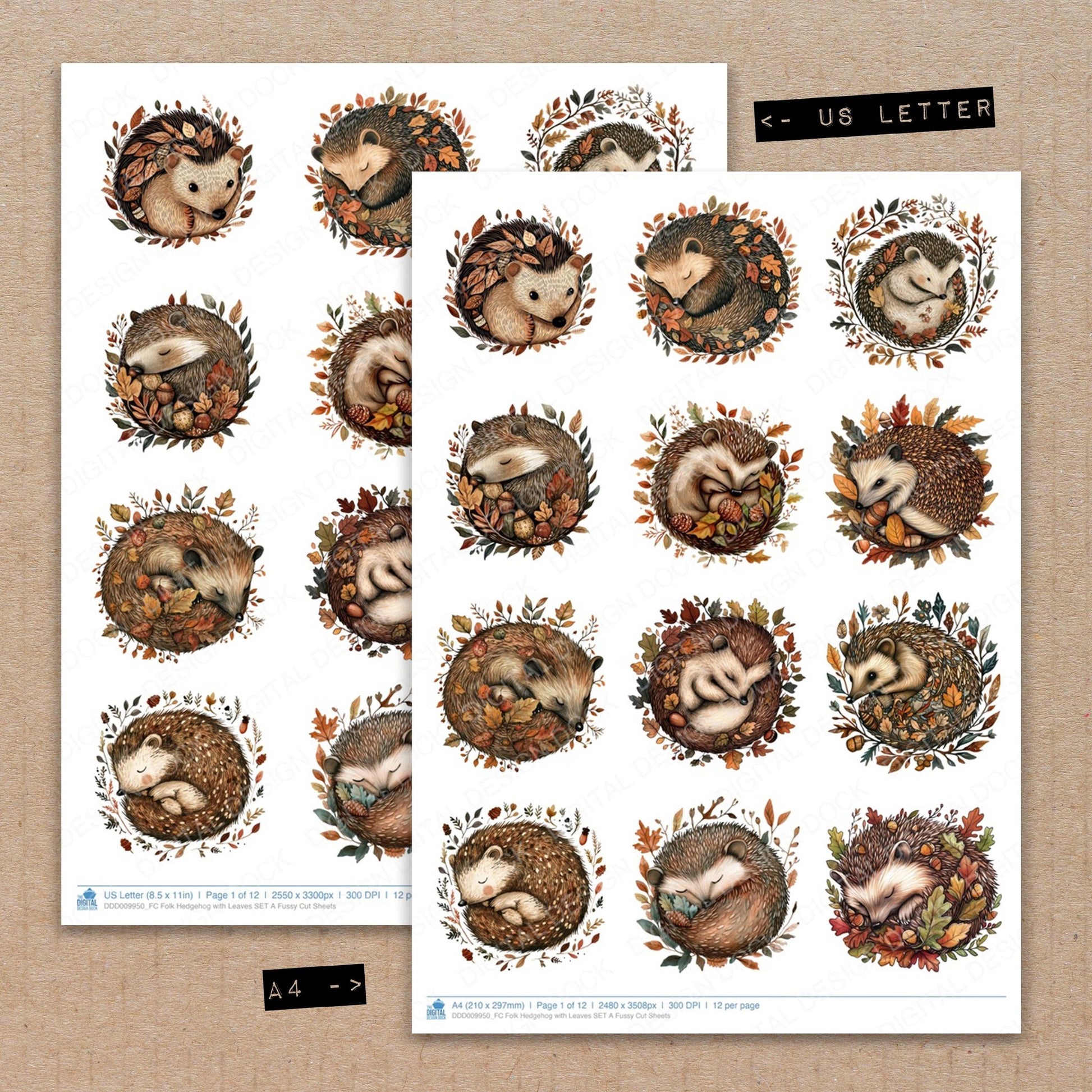 A4 and US Letter format comparison showing Folk Hedgehog with Leaves A fussy cut pages for print and cut crafting