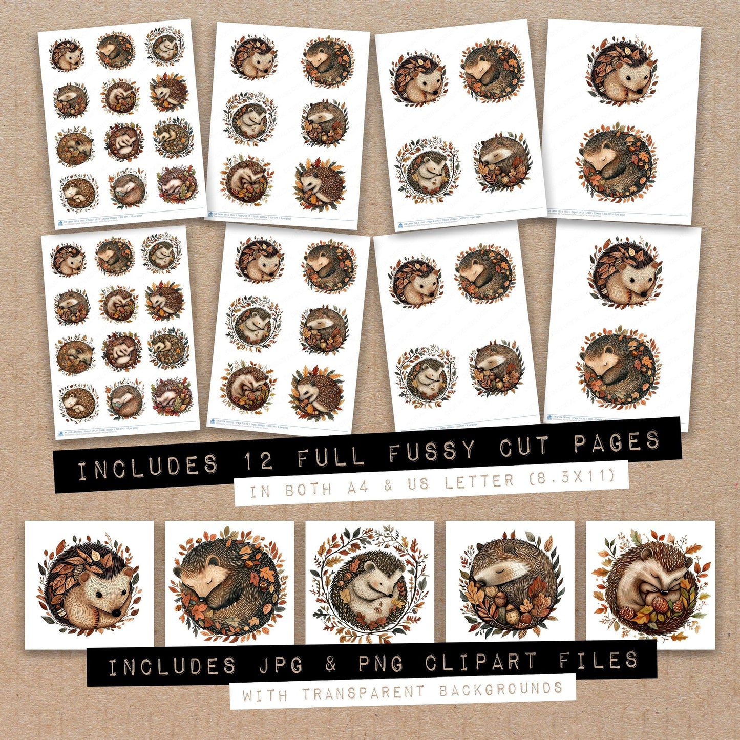 Full collection view of Folk Hedgehog with Leaves A fussy cut sheets with bonus clipart JPG and PNG files