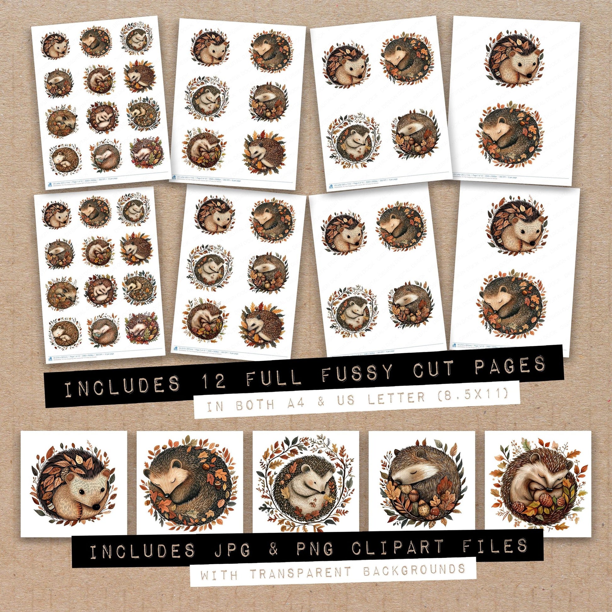 Full collection view of Folk Hedgehog with Leaves A fussy cut sheets with bonus clipart JPG and PNG files
