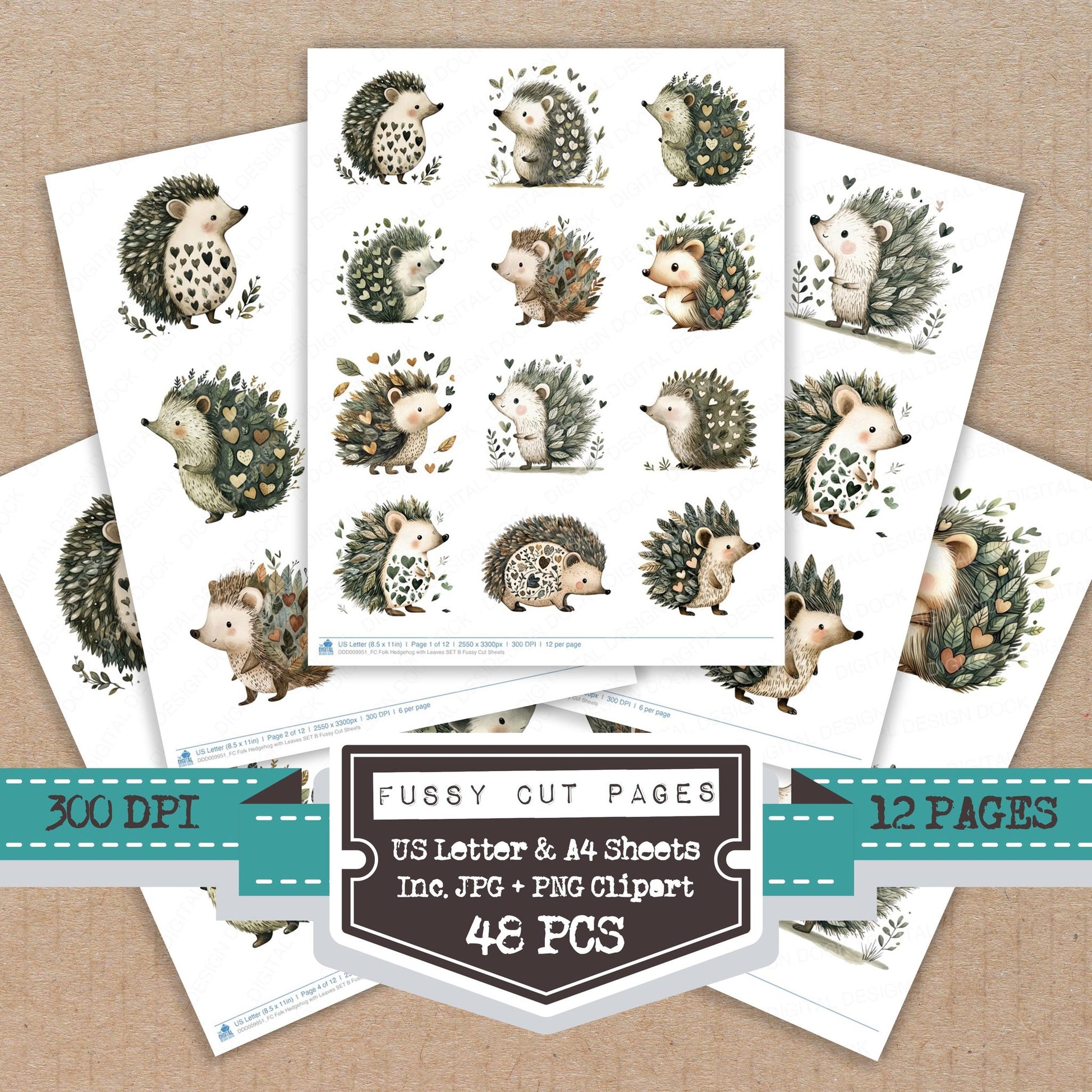 Folk Hedgehog with Leaves B fussy cut printable sheets for junk journaling, scrapbooking, and paper craft projects