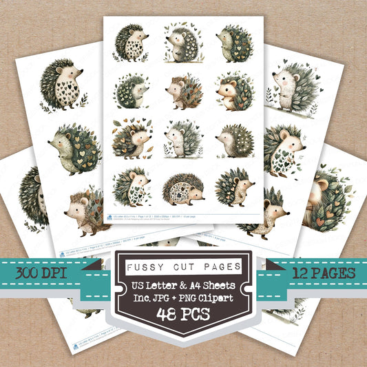 Folk Hedgehog with Leaves B fussy cut printable sheets for junk journaling, scrapbooking, and paper craft projects