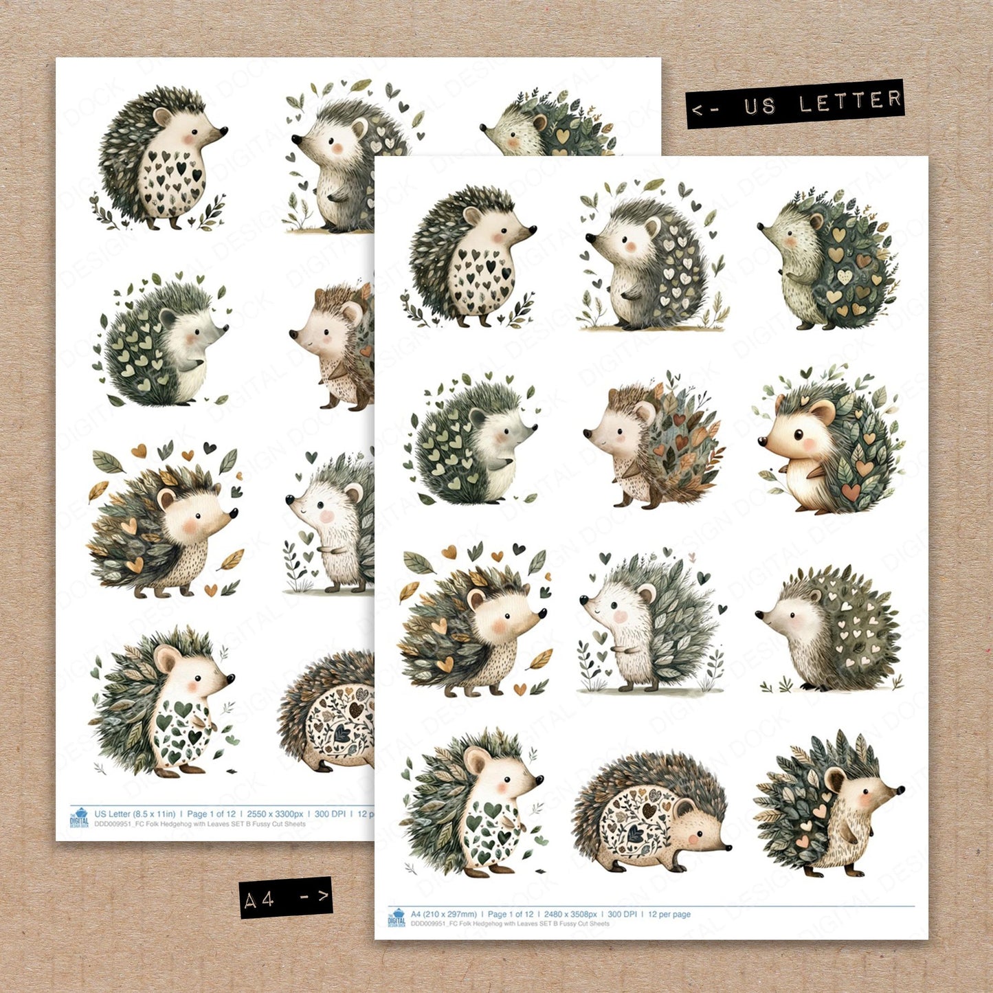 A4 and US Letter format comparison showing Folk Hedgehog with Leaves B fussy cut pages for print and cut crafting