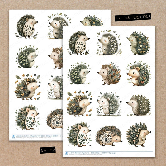 A4 and US Letter format comparison showing Folk Hedgehog with Leaves B fussy cut pages for print and cut crafting