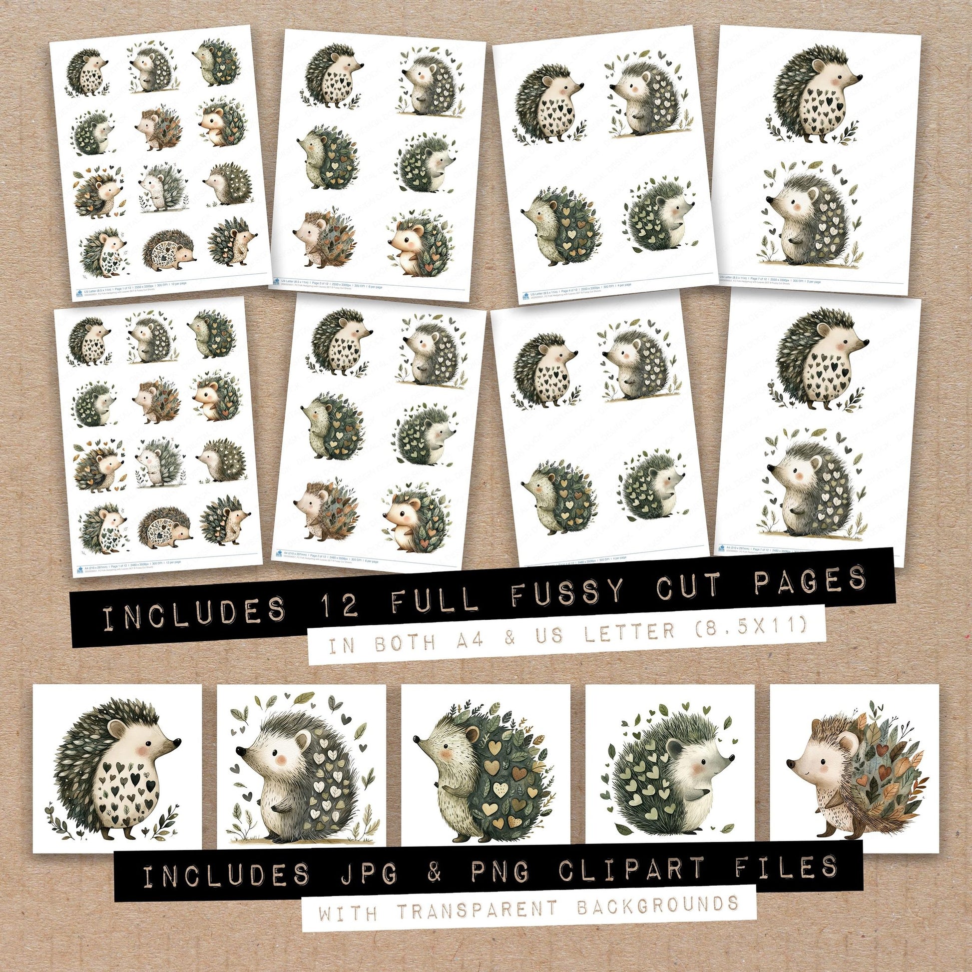 Full collection view of Folk Hedgehog with Leaves B fussy cut sheets with bonus clipart JPG and PNG files