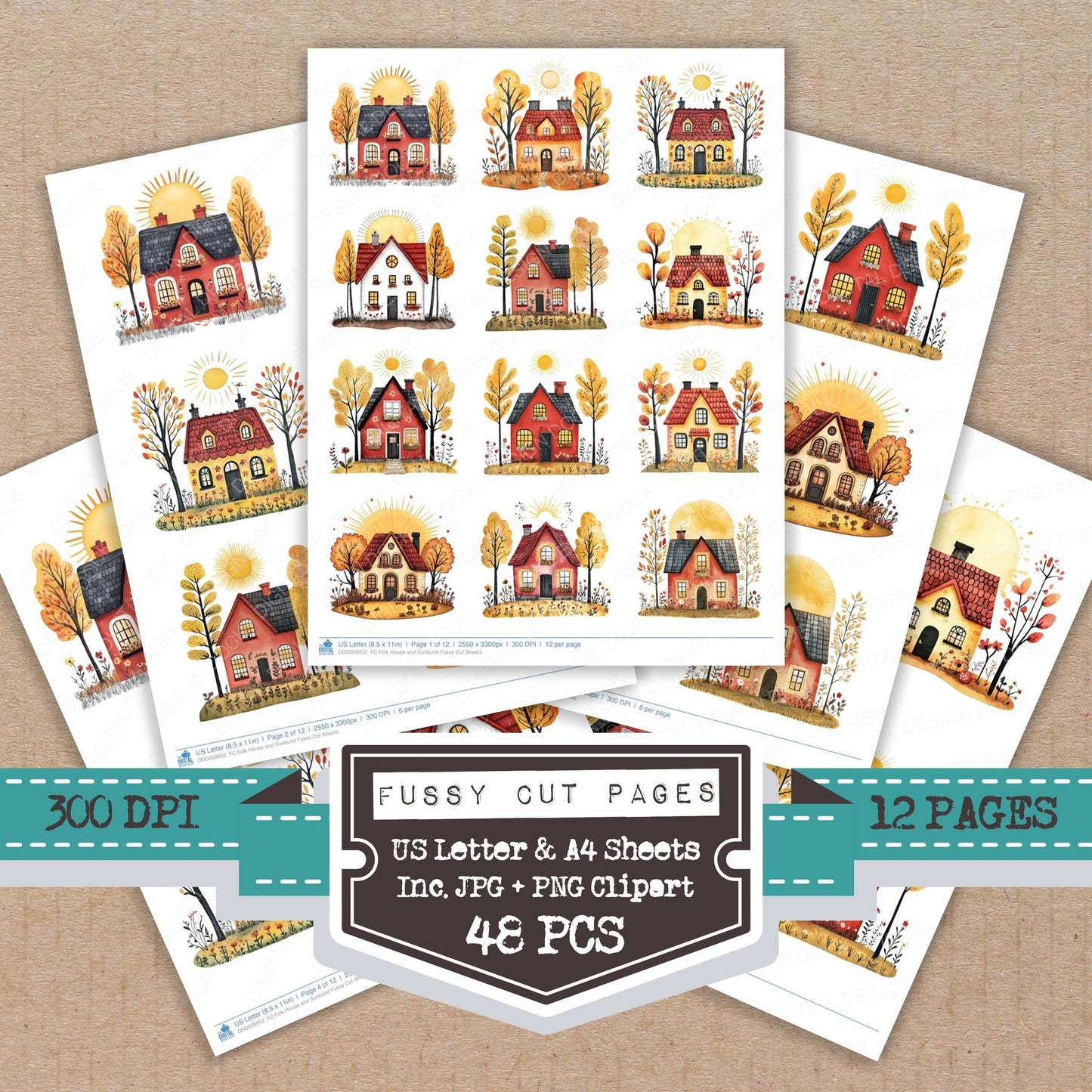 Folk House and Sunburst fussy cut printable sheets for junk journaling, scrapbooking, and paper craft projects
