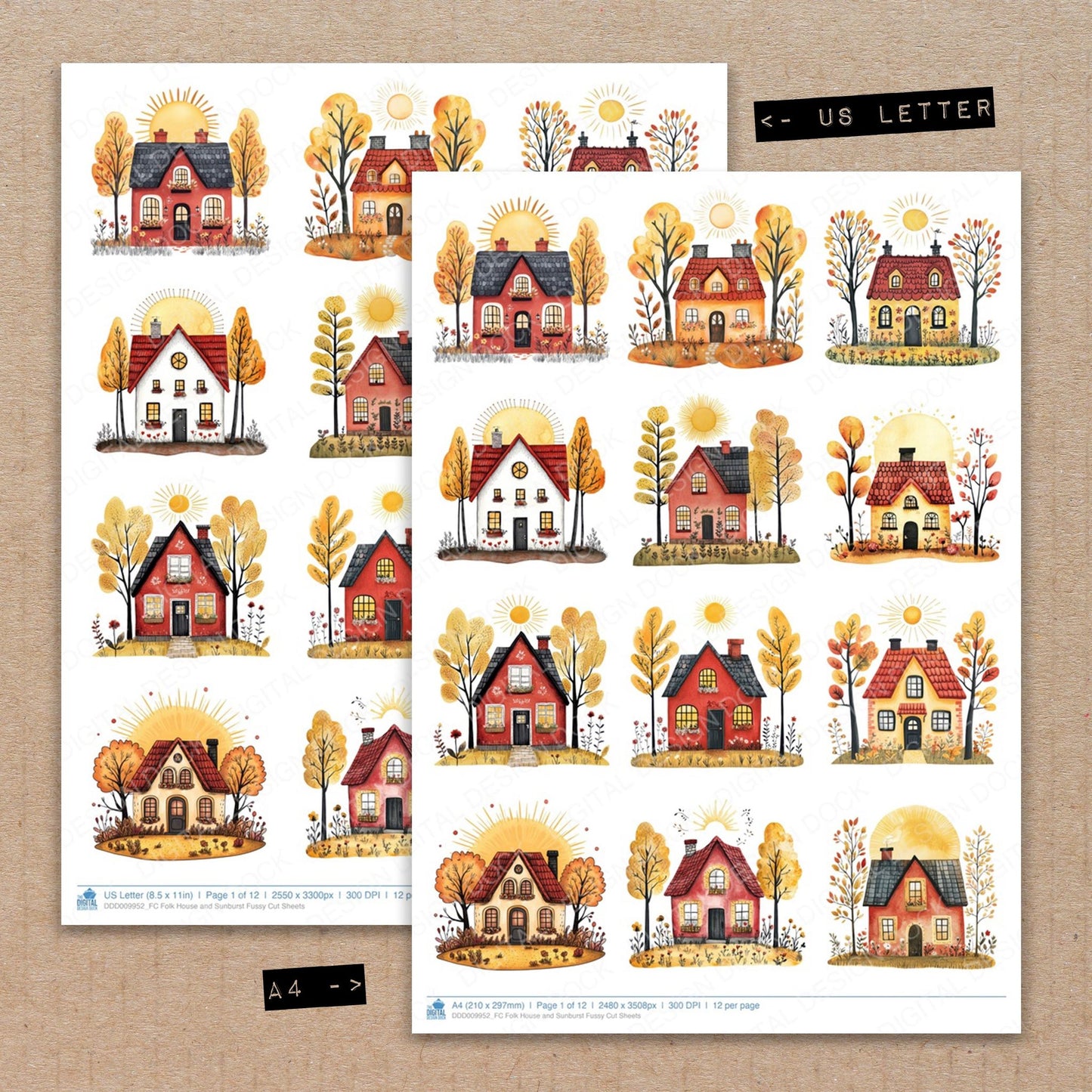 A4 and US Letter format comparison showing Folk House and Sunburst fussy cut pages for print and cut crafting
