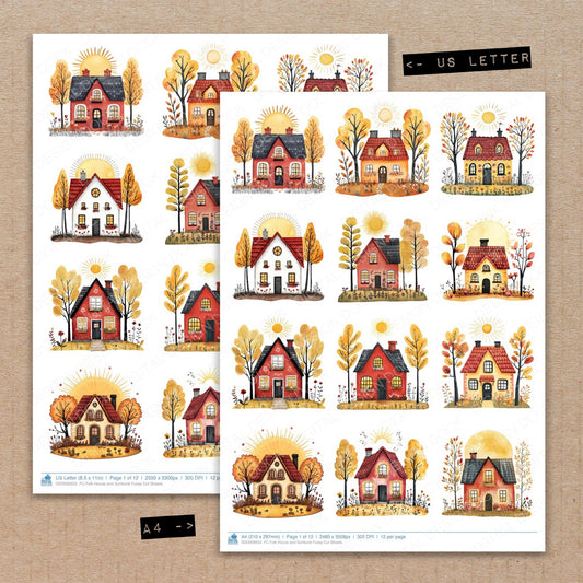 A4 and US Letter format comparison showing Folk House and Sunburst fussy cut pages for print and cut crafting