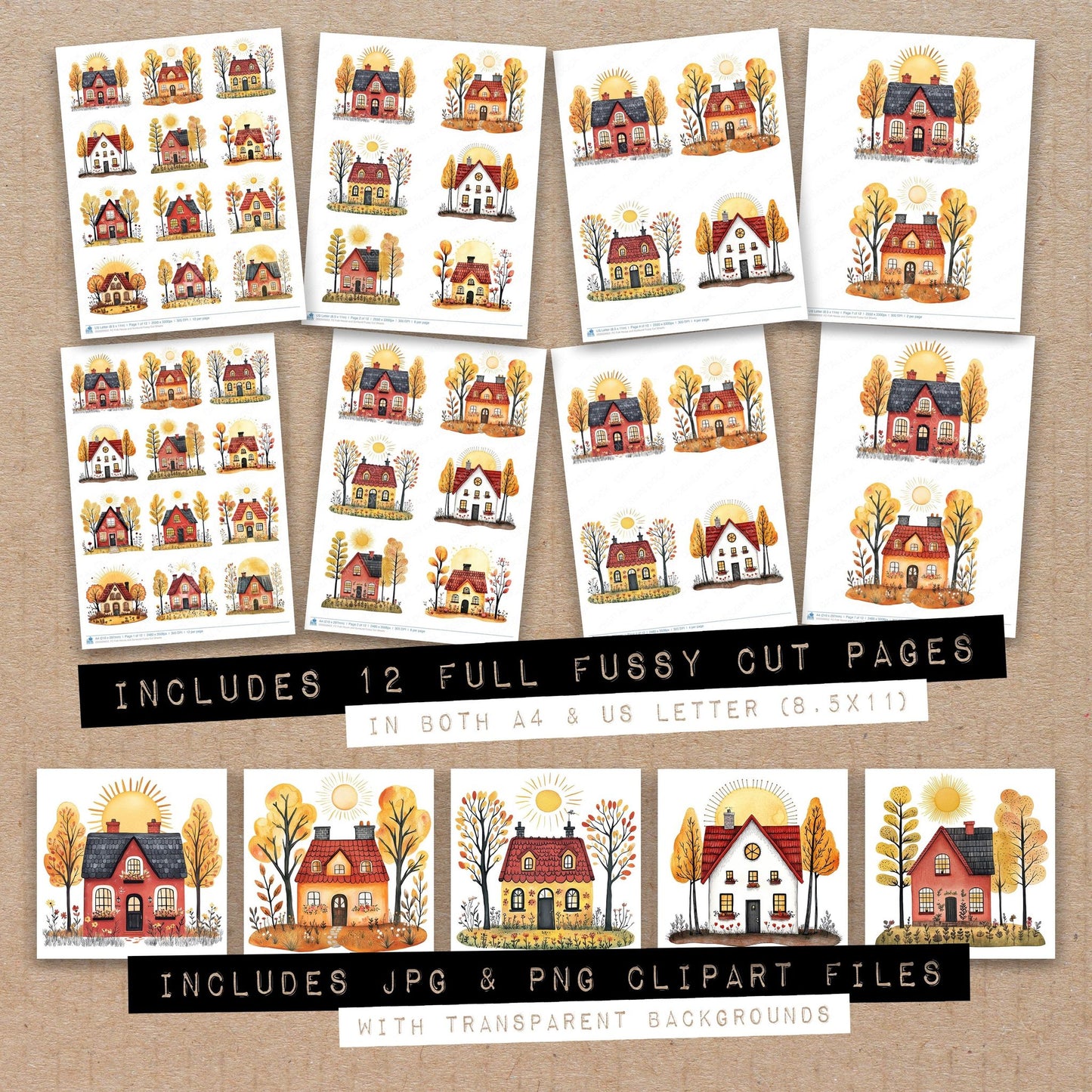 Full collection view of Folk House and Sunburst fussy cut sheets with bonus clipart JPG and PNG files