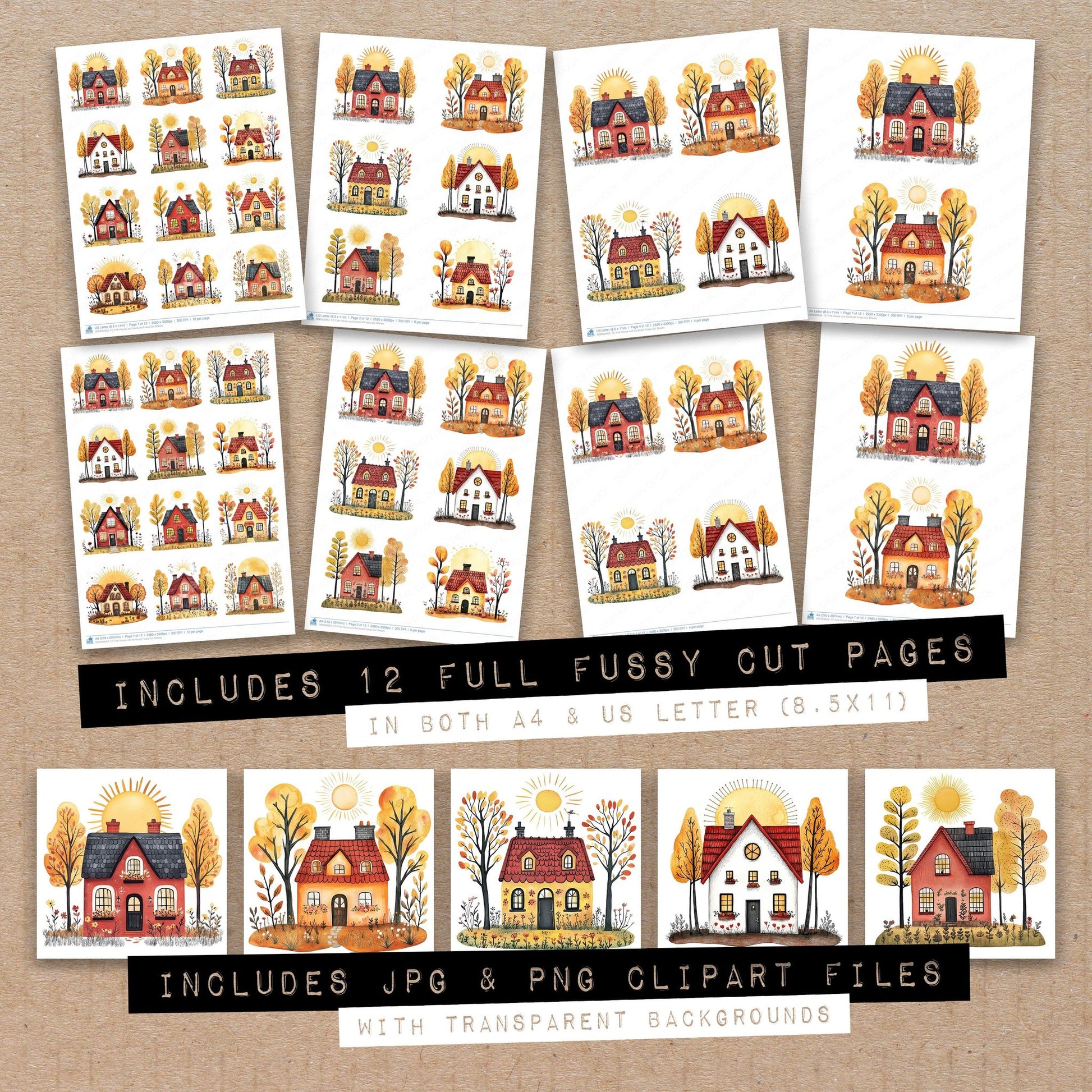 Full collection view of Folk House and Sunburst fussy cut sheets with bonus clipart JPG and PNG files