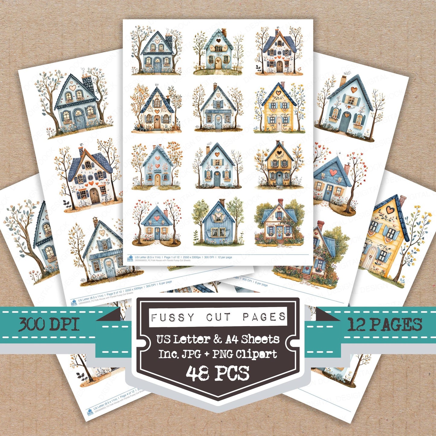 Folk House with Florals fussy cut printable sheets for junk journaling, scrapbooking, and paper craft projects