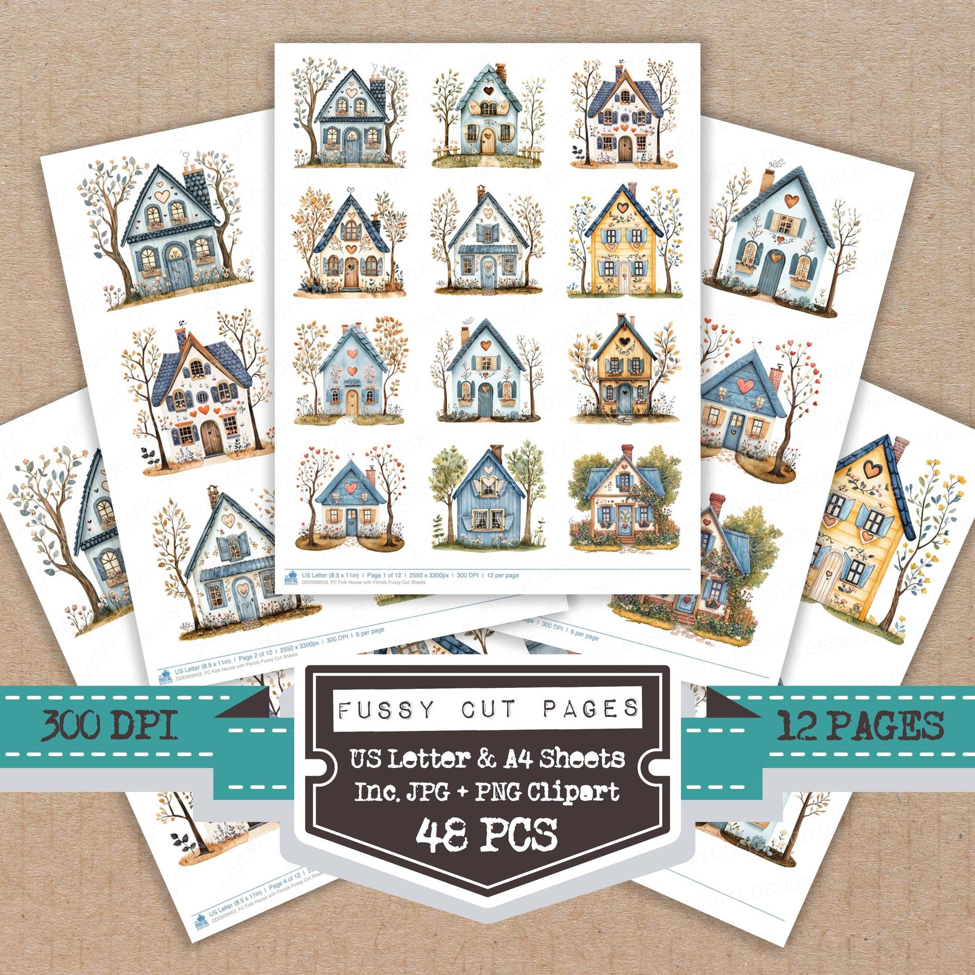 Folk House with Florals fussy cut printable sheets for junk journaling, scrapbooking, and paper craft projects