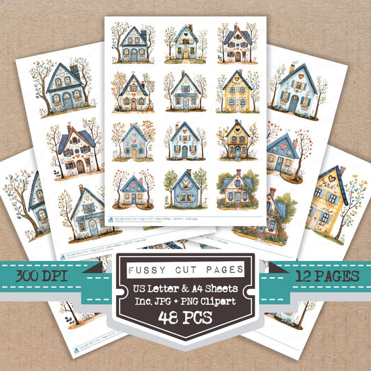 Folk House with Florals fussy cut printable sheets for junk journaling, scrapbooking, and paper craft projects