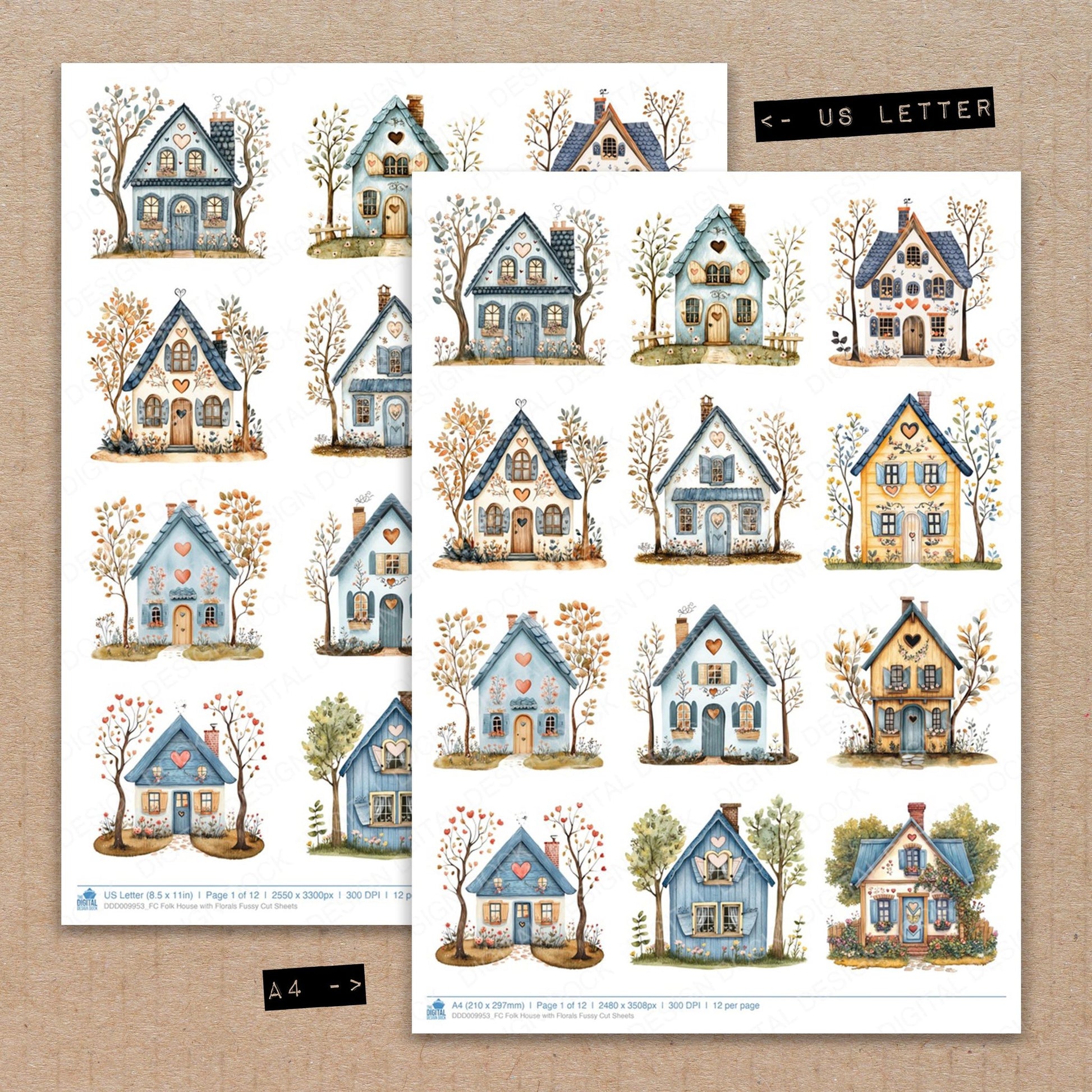 A4 and US Letter format comparison showing Folk House with Florals fussy cut pages for print and cut crafting