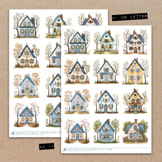 A4 and US Letter format comparison showing Folk House with Florals fussy cut pages for print and cut crafting