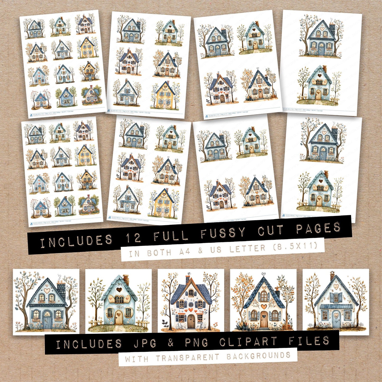 Full collection view of Folk House with Florals fussy cut sheets with bonus clipart JPG and PNG files