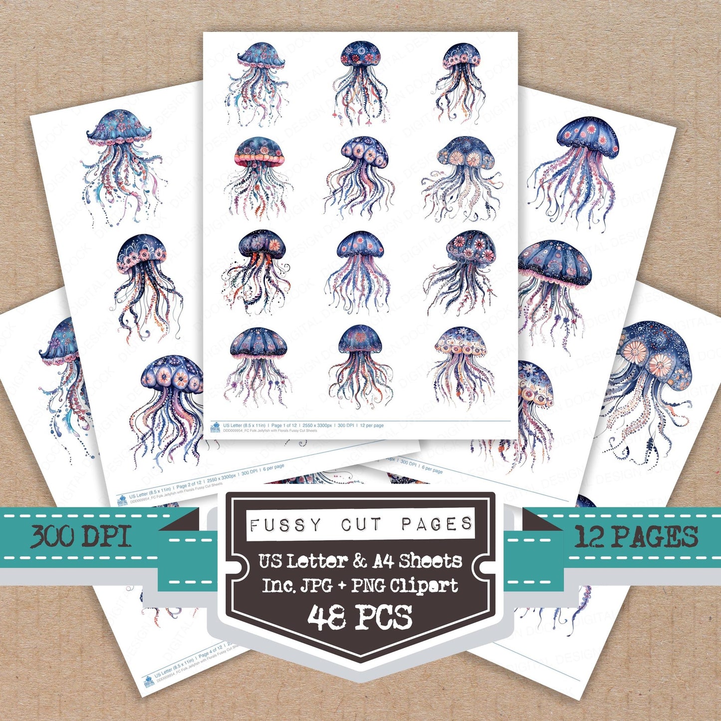 Folk Jellyfish with Florals fussy cut printable sheets for junk journaling, scrapbooking, and paper craft projects