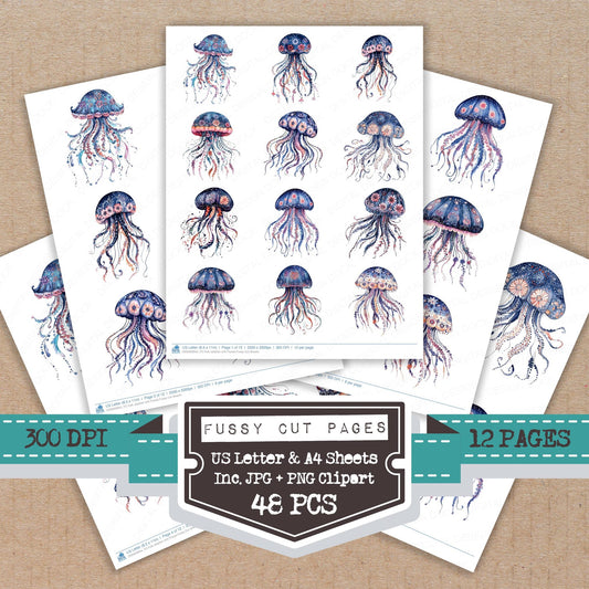 Folk Jellyfish with Florals fussy cut printable sheets for junk journaling, scrapbooking, and paper craft projects