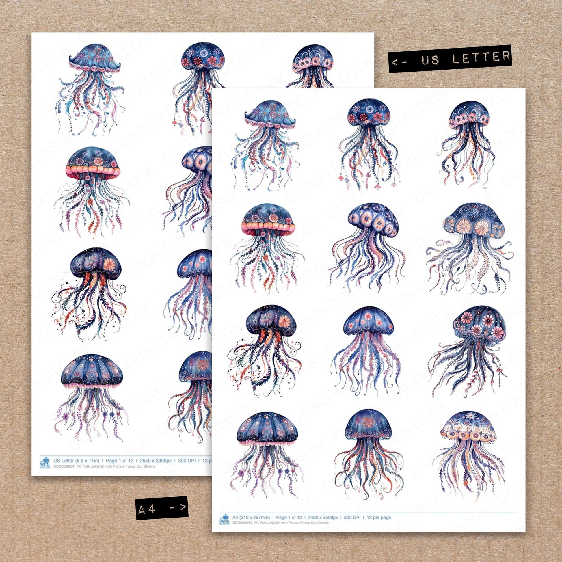 A4 and US Letter format comparison showing Folk Jellyfish with Florals fussy cut pages for print and cut crafting