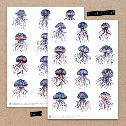 A4 and US Letter format comparison showing Folk Jellyfish with Florals fussy cut pages for print and cut crafting