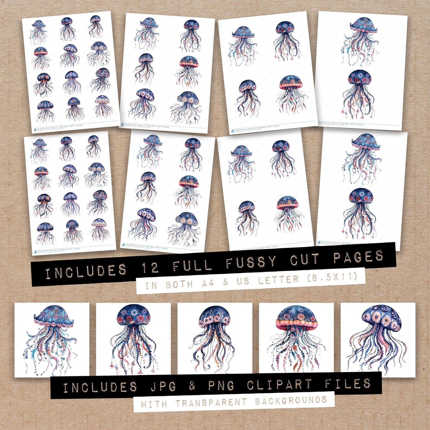 Full collection view of Folk Jellyfish with Florals fussy cut sheets with bonus clipart JPG and PNG files