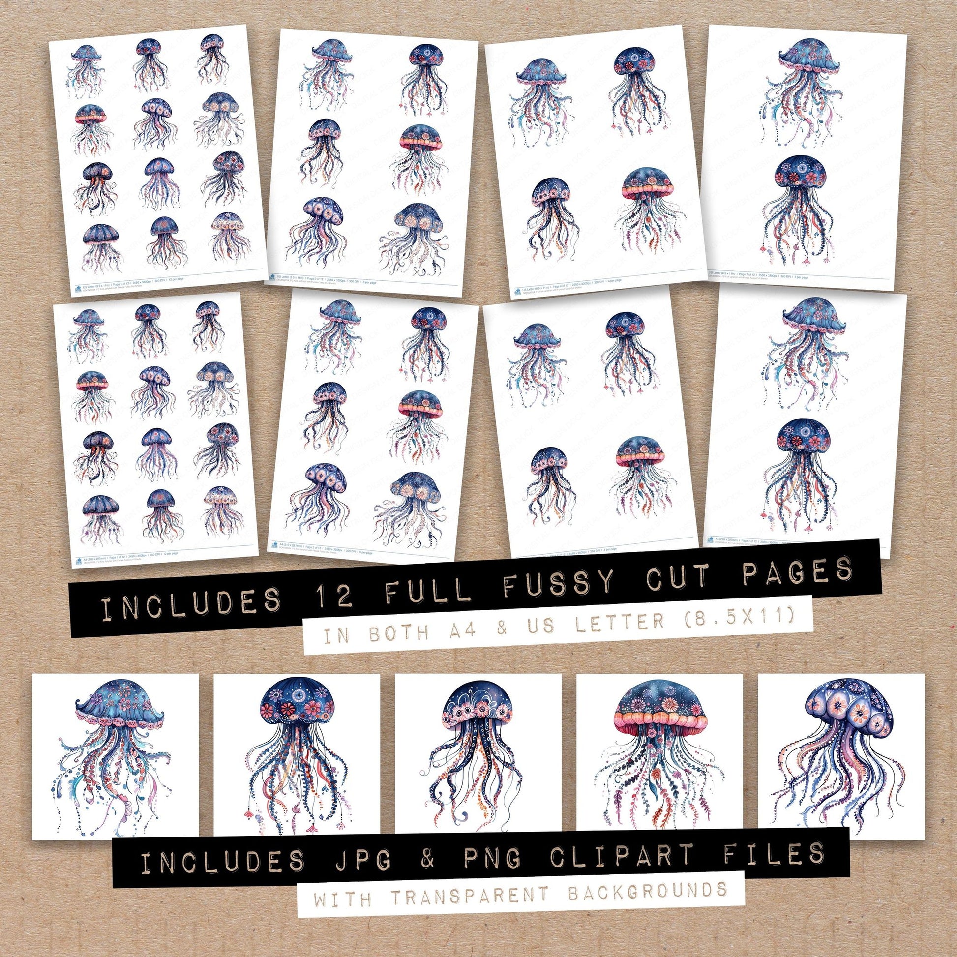 Full collection view of Folk Jellyfish with Florals fussy cut sheets with bonus clipart JPG and PNG files