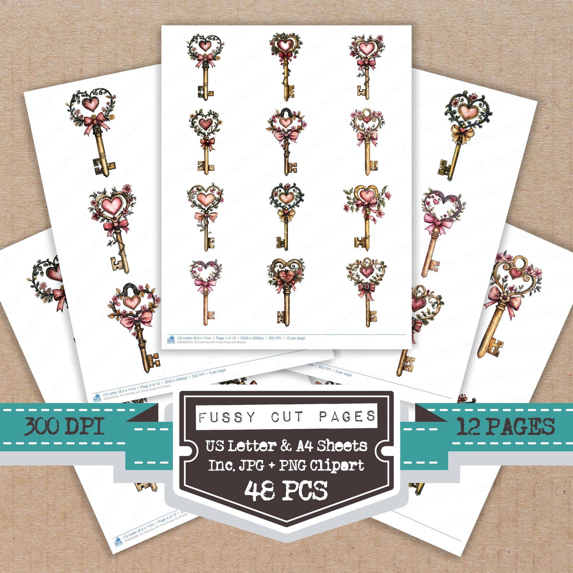 Folk Key with Vines fussy cut printable sheets for junk journaling, scrapbooking, and paper craft projects