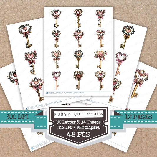 Folk Key with Vines fussy cut printable sheets for junk journaling, scrapbooking, and paper craft projects