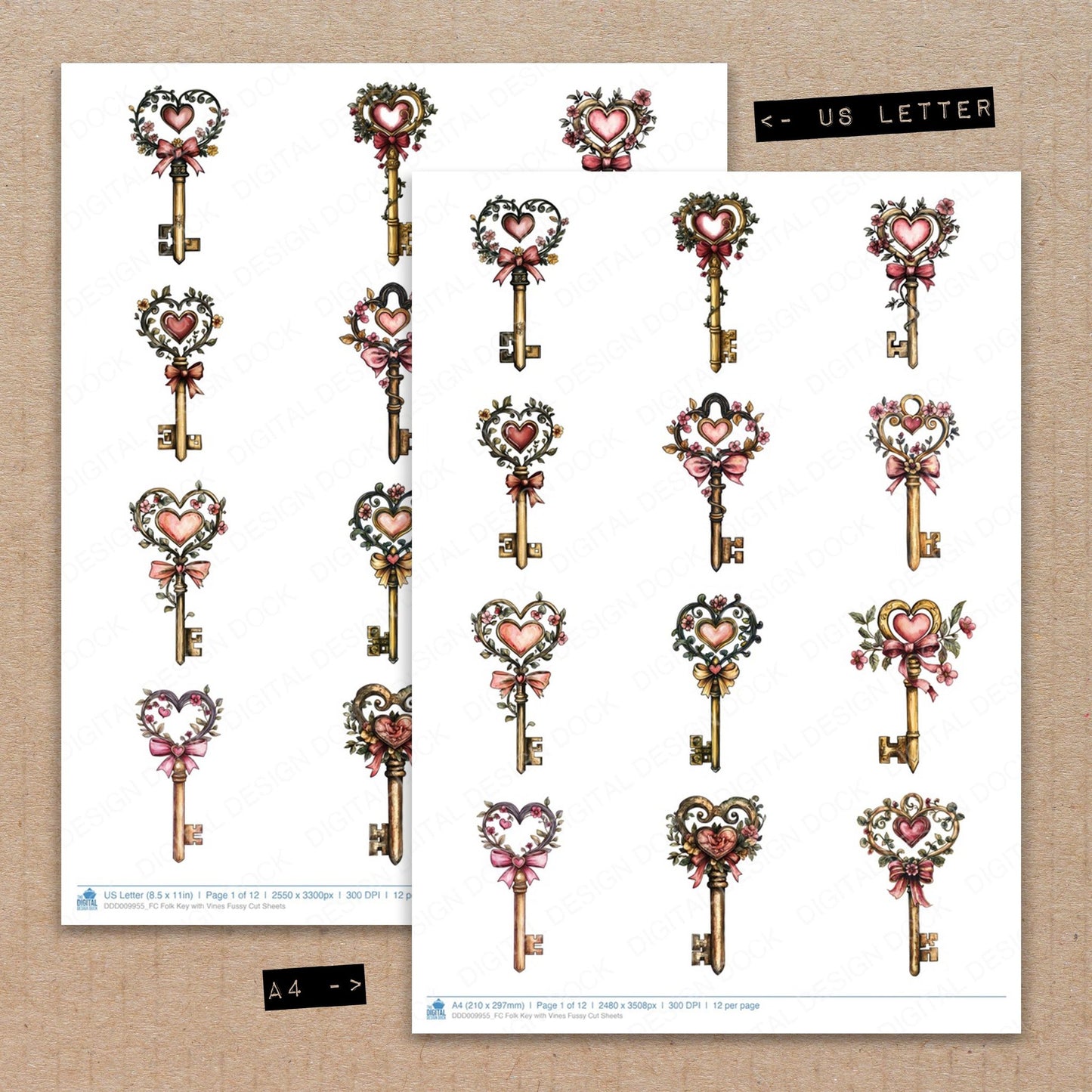 A4 and US Letter format comparison showing Folk Key with Vines fussy cut pages for print and cut crafting