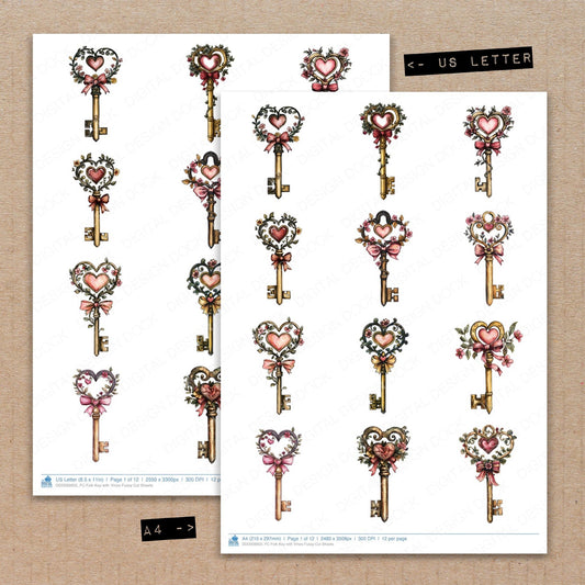 A4 and US Letter format comparison showing Folk Key with Vines fussy cut pages for print and cut crafting